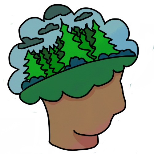 a light brown head. the top half has a cloud shape over it. in the cloud shape is a group of pine trees on dark green grass, with a blue sky and dark grey clouds